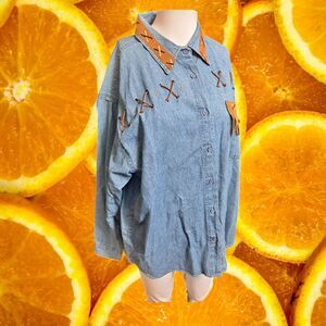 P.G.B. Western Denim Shirt‎ Leather Fringe Lace Up Detail Large